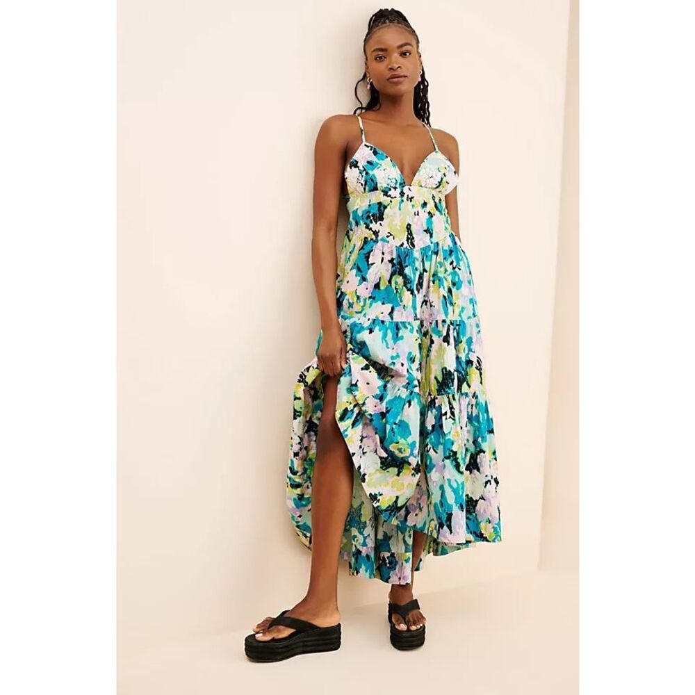 NWOT Free People Long Love Printed Cotton Tiered Midi Dress Multicolor Size XS